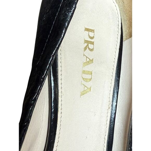 PRADA Peep Toe Heels Women 37.5 Black Leather Classic Luxury Vintage Pinup Logo - Picture 12 of 16